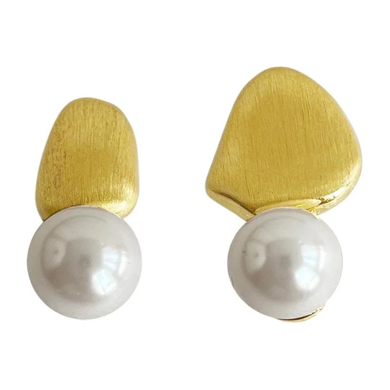 Asymmetric Glass Pearl Brushed Bean Stud Earrings Copper Minimalist Irregular Geometric Jewelry