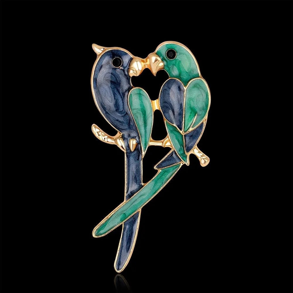 Elegant Enamel Lovebird Parrot Brooch Pin, Gold Tone Alloy Bird Lapel Pin Corsage Suit Accessory Gift