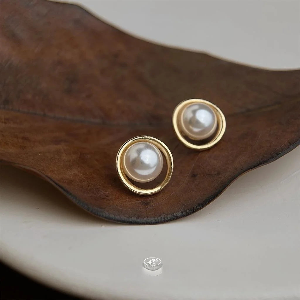French Round Geometric Pearl Stud Earrings Eco-Friendly Copper Korean Minimalist Jewelry