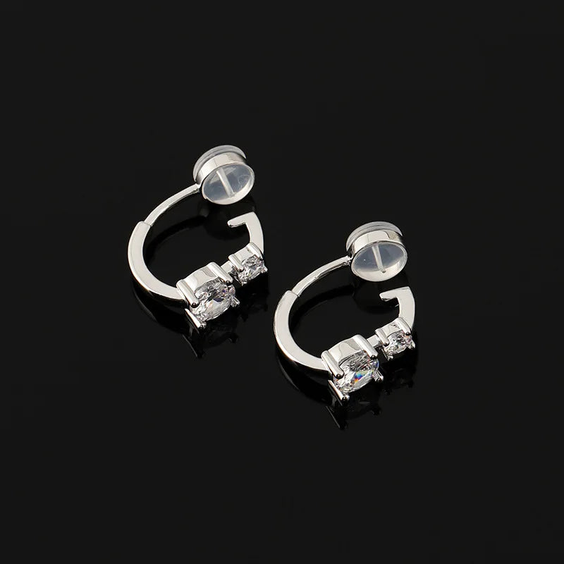 Elegant Zircon Hoop Ear Cuff Stud & Clip On No Piercing Silver Tone Minimalist Circle Earrings