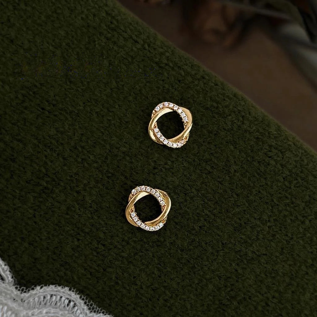 Geometric Zircon Copper Stud Earrings Minimalist Hollow Square Twisted Line Fashion Jewelry