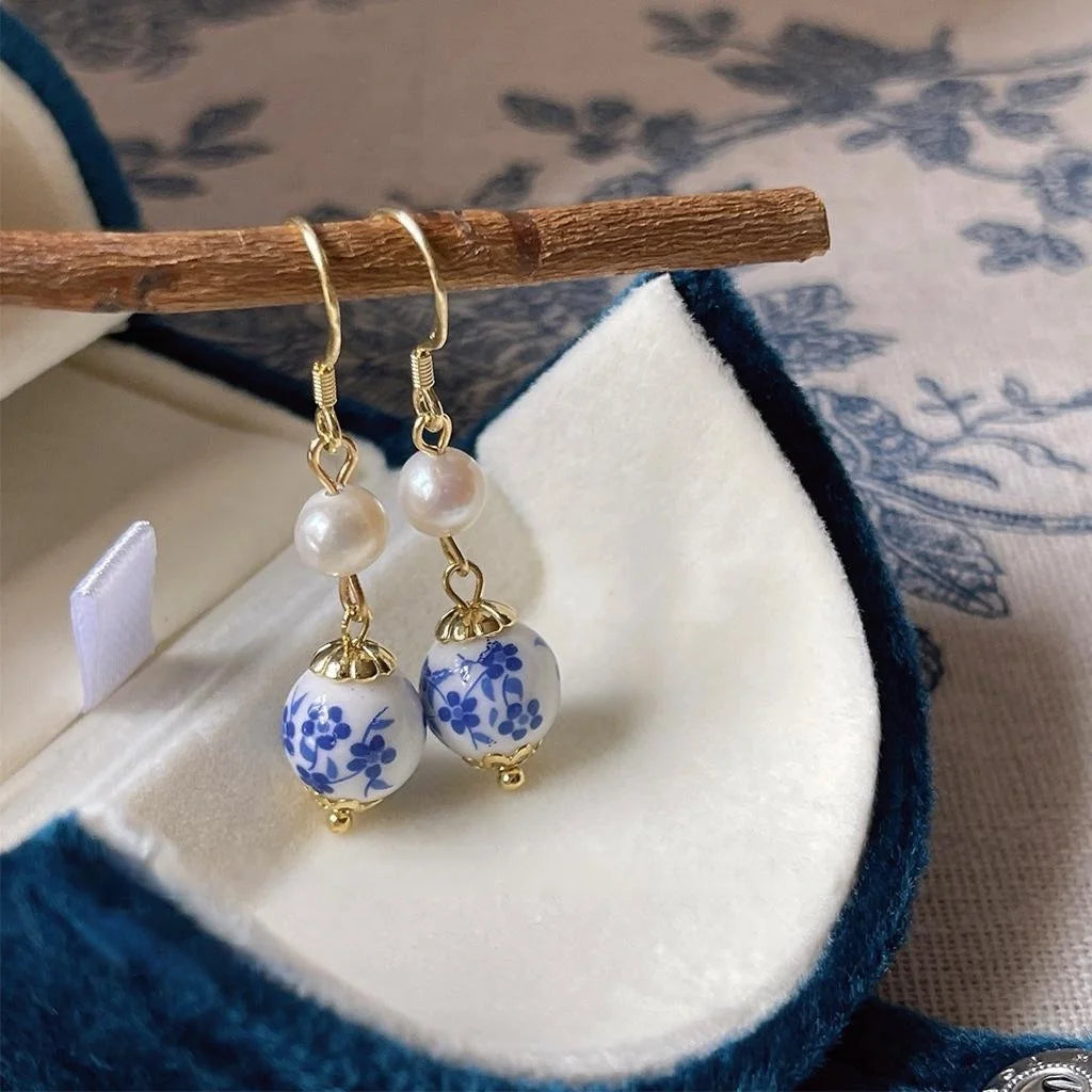 Vintage Chinese Style Ceramic Blue And White Pearl Waterdrop Drop Earrings With Silver Plated Pins