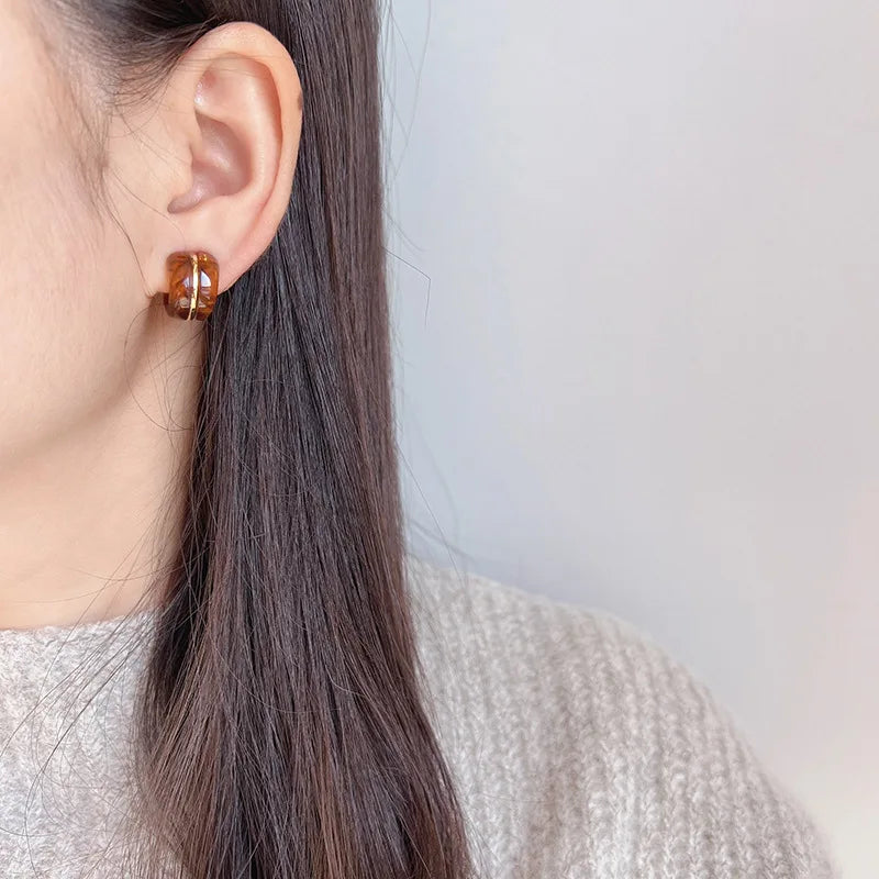 Vintage Amber Resin C-Shaped Spiral Hoop Stud & Clip On No Piercing Women's Fashion Earrings
