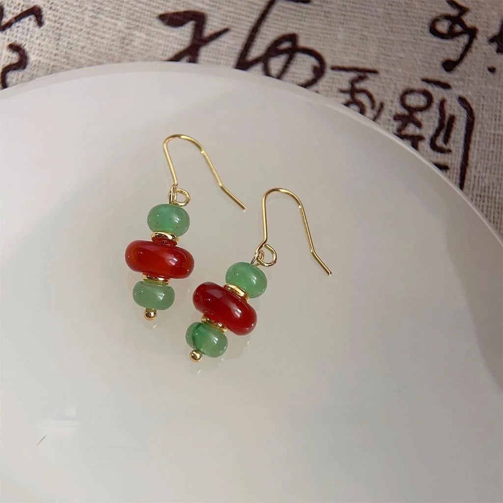 New Chinese Style Handmade Green Aventurine Natural Stone Geometric Round Drop Earrings