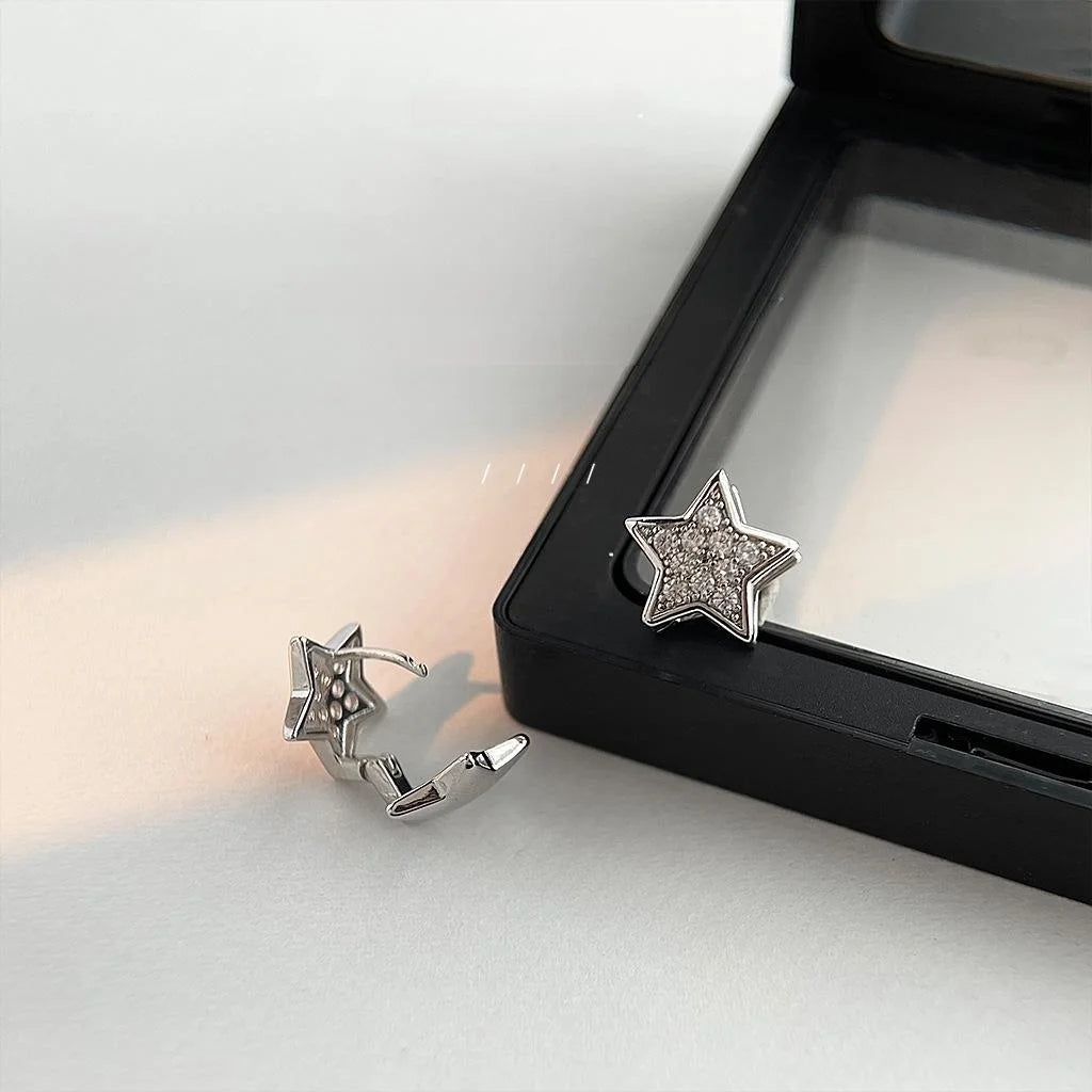 Silver Tone Copper Five Point Star Stud Earrings With Micro Pave Zircon Minimalist Cool Style