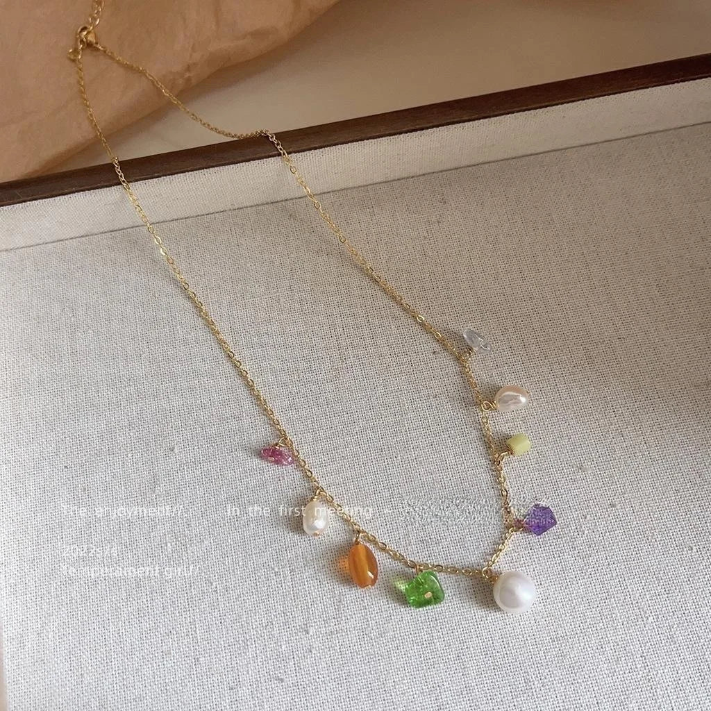 Original Design Handmade Sweet Summer Irregular Stone Chip And Freshwater Pearl Geometric Choker Necklace For Women