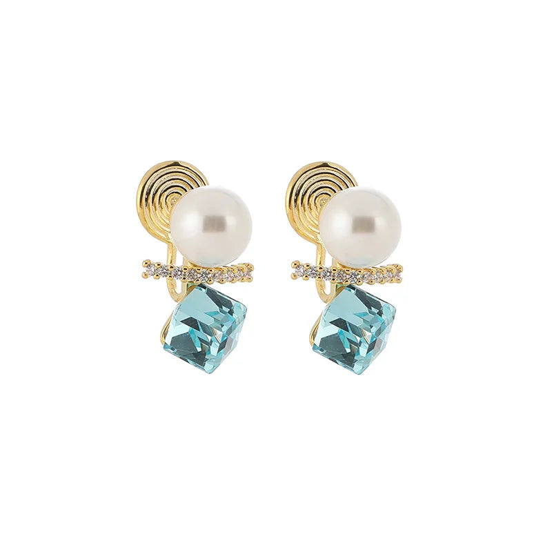 Elegant Spiral Pearl Aqua Crystal Cube Rhinestone Stud & Clip On No Piercing Earrings