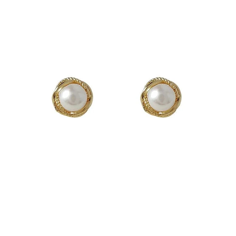 14K Gold Plated Copper Freshwater Pearl Stud Earrings Minimalist Round Geometric Light Luxury Jewelry