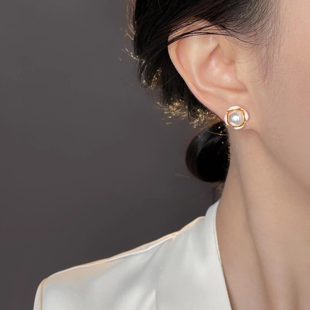 Pastoral Style Enamel Flower Petal Pearl Stud Earrings Copper Base