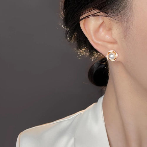 Pastoral Style Enamel Flower Petal Pearl Stud Earrings Copper Base