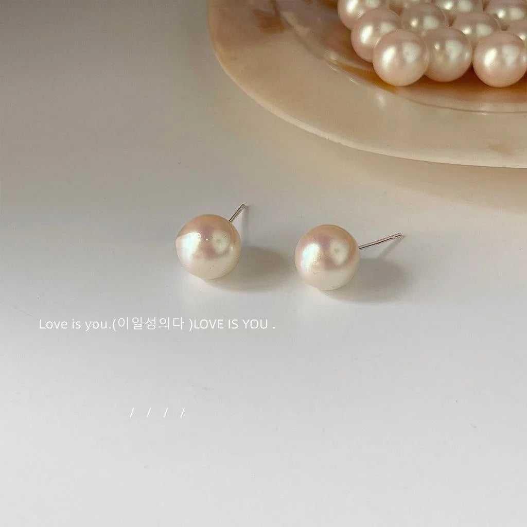 High Luster Resin Pearl Stud Earrings With Silver Plated Pins, Round Minimalist Commuter Jewelry
