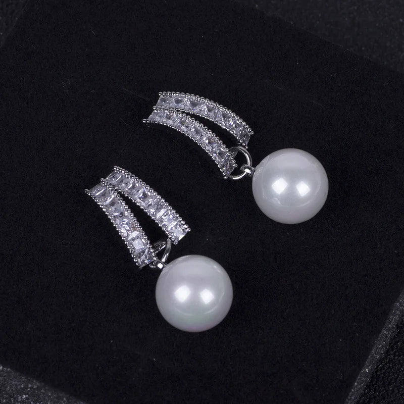 Elegant Geometric Curved Square Zircon Bar With Pearl Drop Stud & Clip On No Piercing Luxury Earrings