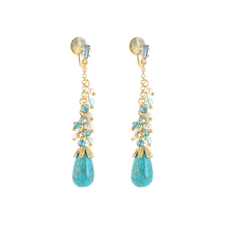 Vintage Turquoise Teardrop Tassel Alloy Crystal Pearl Stud & Clip On No Piercing Long Dangle Earrings