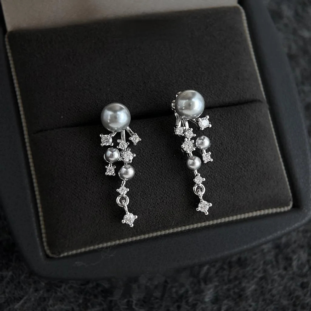 Light Luxury Copper Micro Pave Zircon Long Tassel Drop Earrings With Gray Pearl