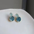 French Elegant Haze Blue Gradient Enamel Copper Geometric Round Oval Stud Earrings