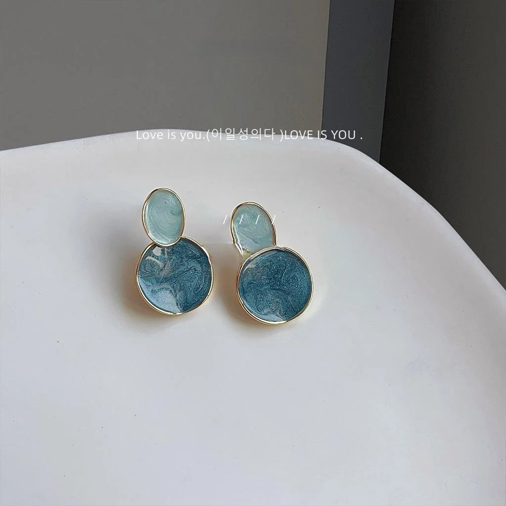 French Elegant Haze Blue Gradient Enamel Copper Geometric Round Oval Stud Earrings