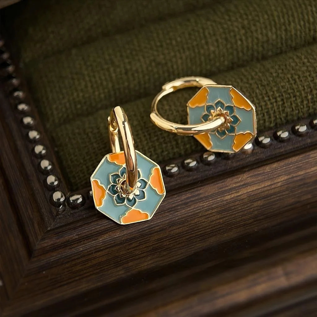 Premium Hand Painted Enamel Copper Geometric Square Flower Petal Drop Earrings For Women