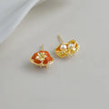Asymmetric Persimmon Peanut Zircon Enamel Stud Earrings With Pearl Copper