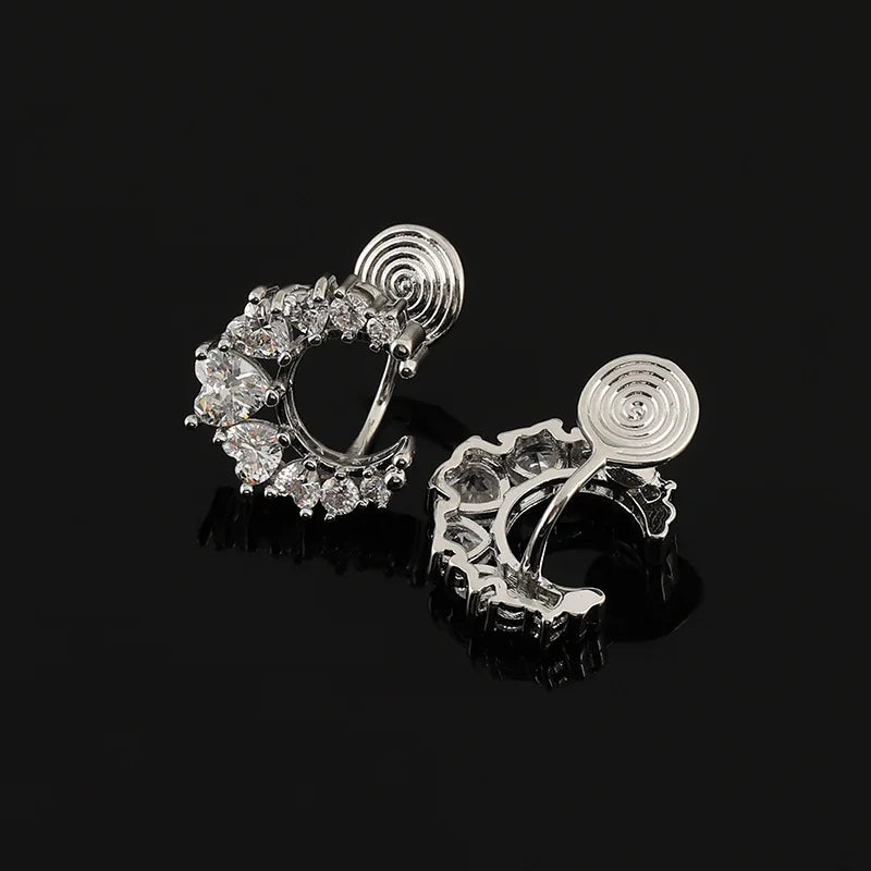 Sparkling Luxury Crescent Moon Cubic Zirconia Hoop Stud & Clip On No Piercing Women's Fashion Earrings