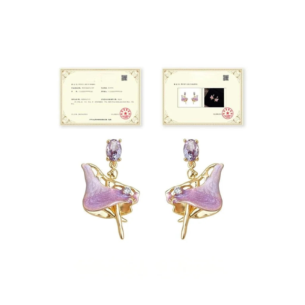 Sweet Enamel Ballet Girl Drop Earrings With Zircon Silver Plated Copper Gradient Doll Design