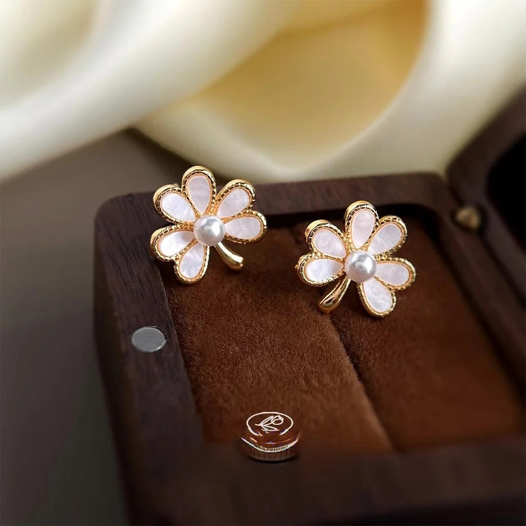 14K Gold Plated Copper Three Petal Flower Pearl Stud Earrings Sweet Elegant Minimalist Jewelry