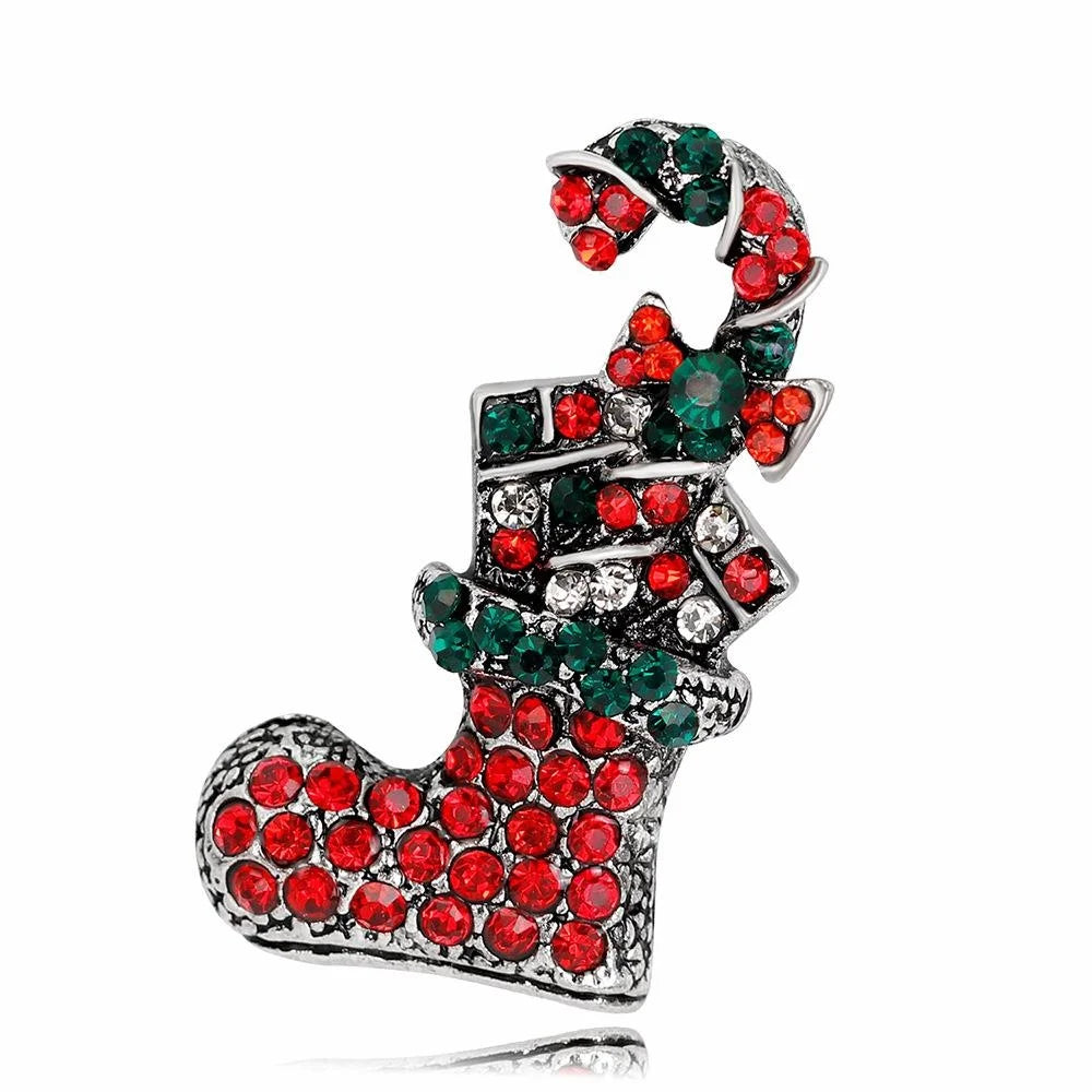 Cute Christmas Stocking Alloy Rhinestone Brooch, Red Green Holiday Lapel Pin Corsage Gift For Women