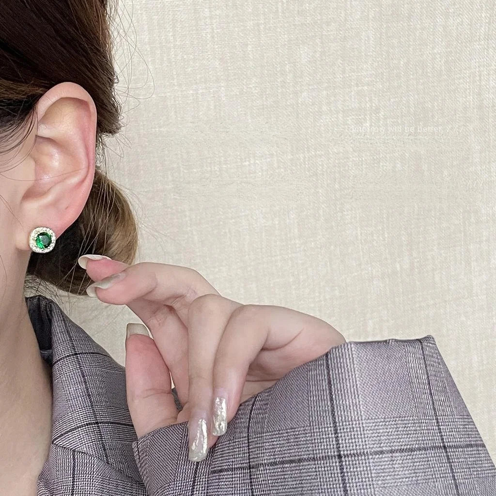 French Vintage 14K Plated Copper Square Emerald Zircon Micro Pave Stud Earrings