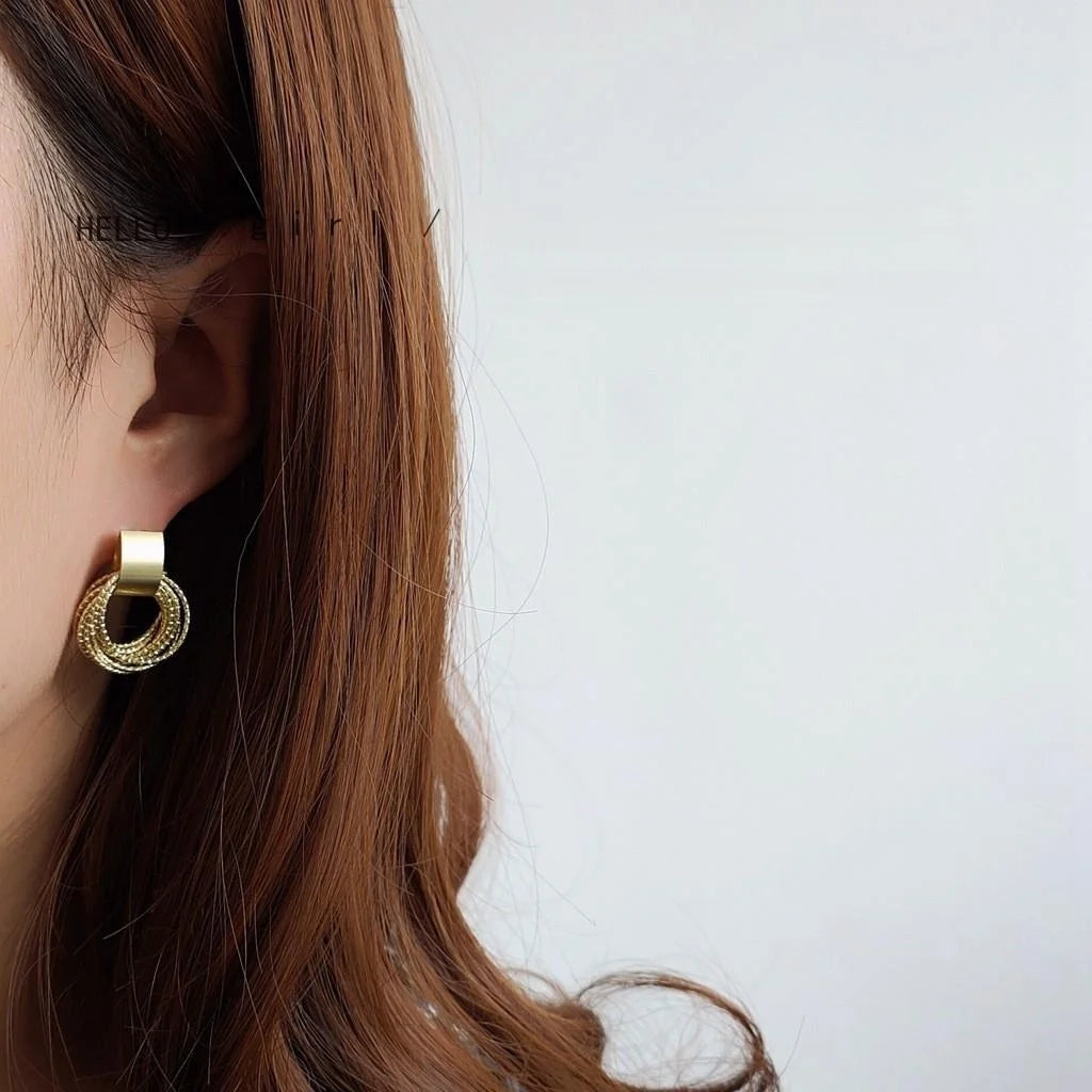 Matte Gold Plated Copper Round Geometric Stud Earrings Korean Minimalist Jewelry