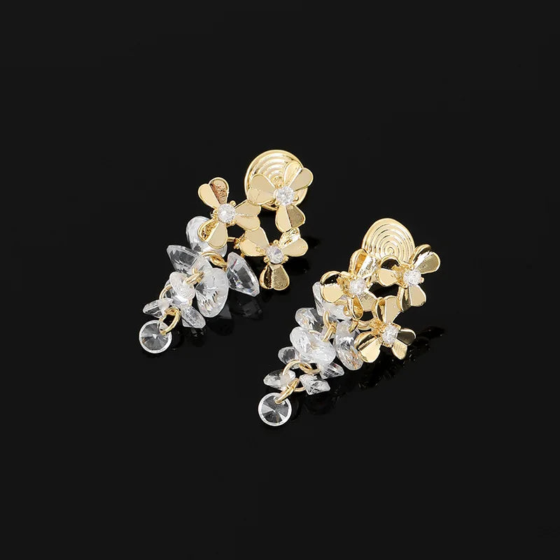 Elegant Gold Alloy Flower Zircon Grape Cluster Crystal Tassel Stud & Clip On No Piercing Earrings