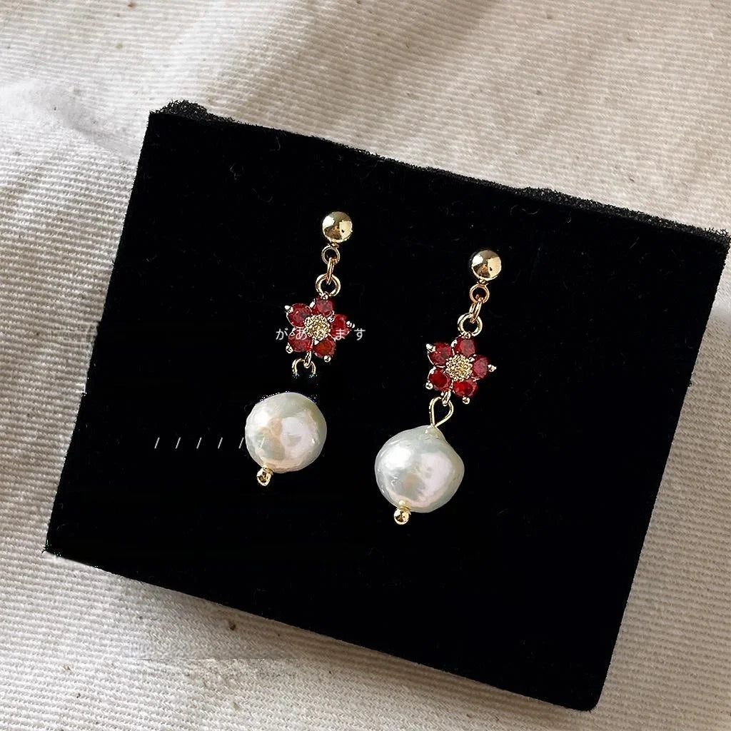 French Vintage Baroque Freshwater Pearl Flower Zircon Stud Earrings For Women