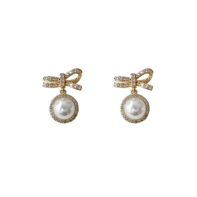 French Vintage Bow Drop Earrings Eco-Friendly Copper Pearl Micro Pave Zircon Hepburn Style Jewelry