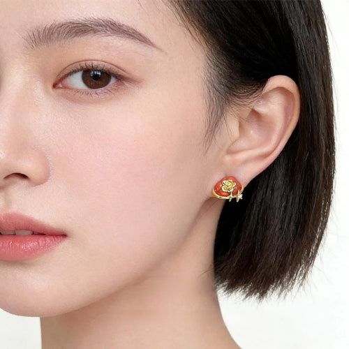 Asymmetric Persimmon Peanut Zircon Enamel Stud Earrings With Pearl Copper