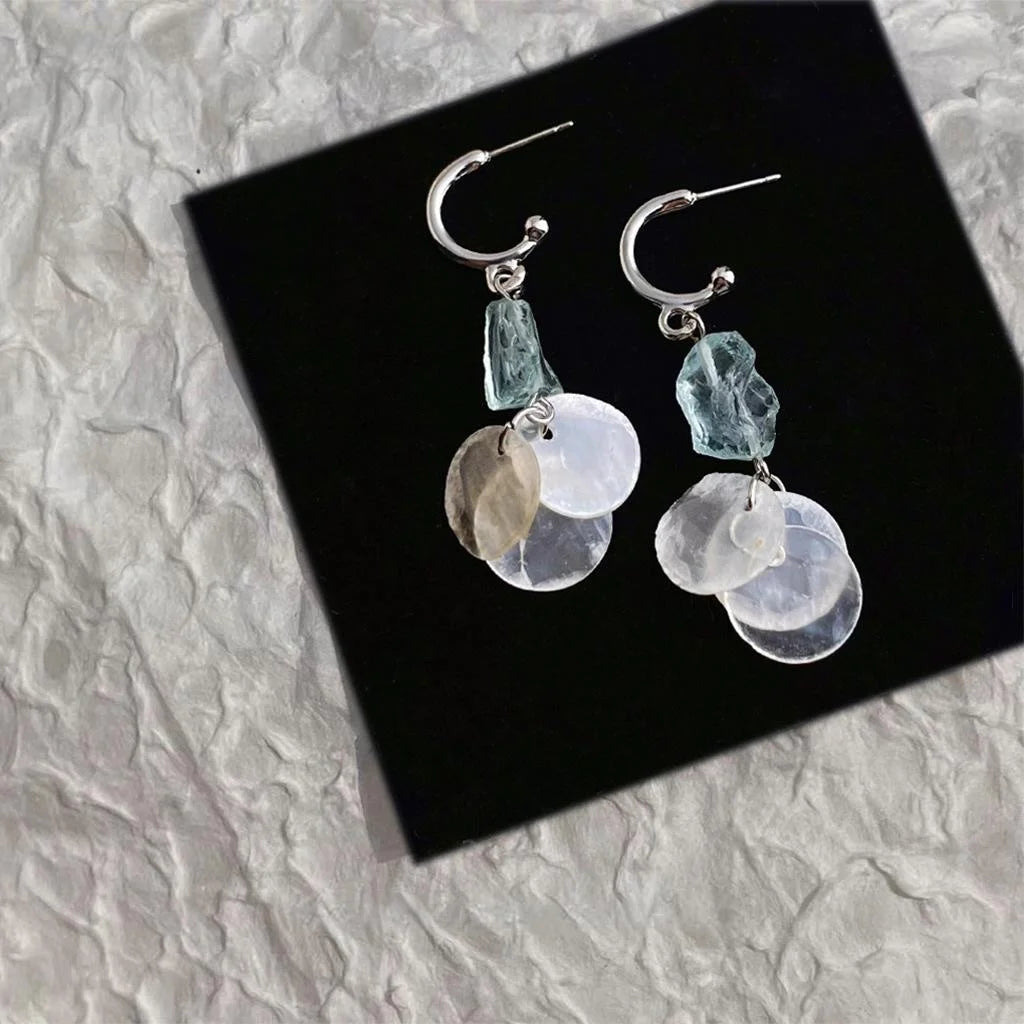 Premium Summer Natural Stone Blue Crystal Shell Geometric Tassel Drop Earrings