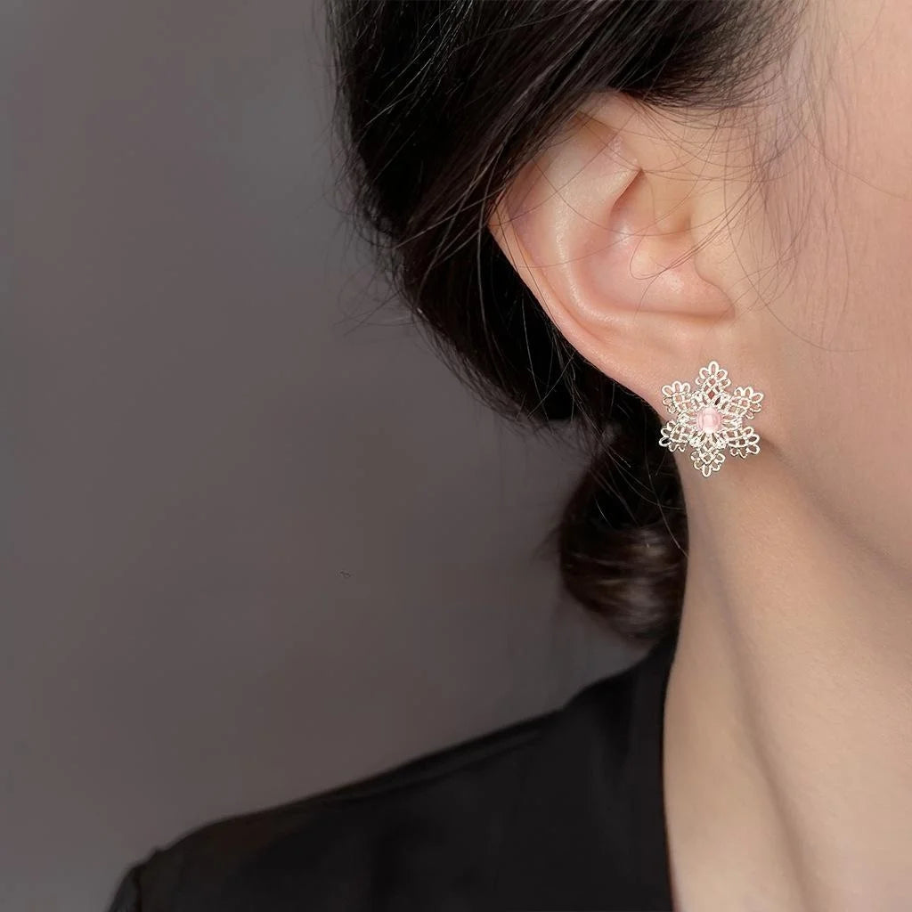 French Vintage Copper Hollow Flower Petal Stud Earrings For Women