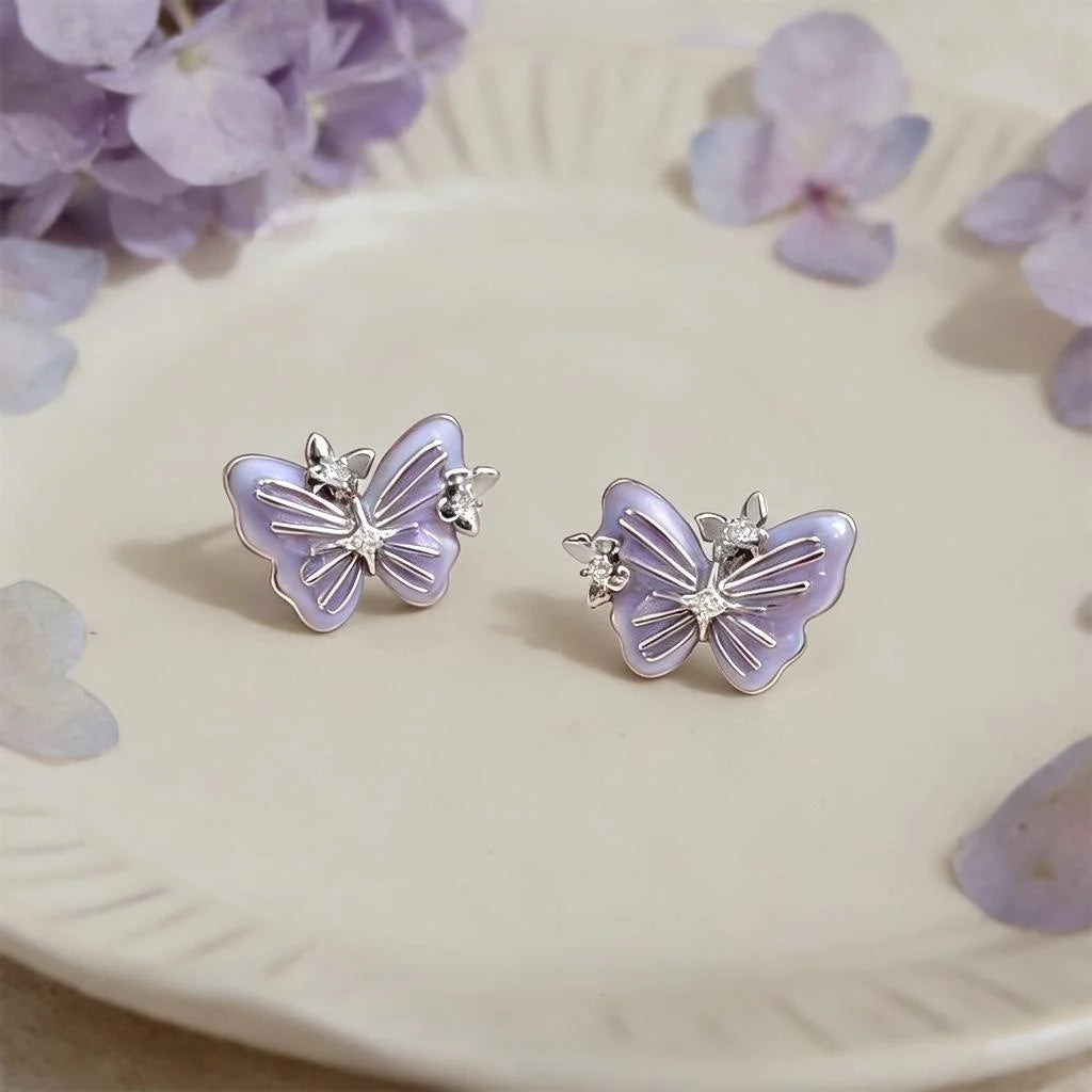 Purple Butterfly Enamel Drip Glaze Copper Zircon Fairy Style Stud Earrings