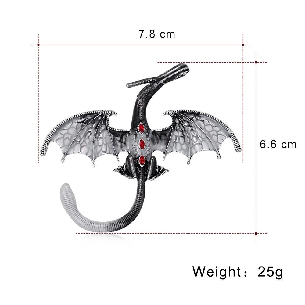 Vintage Enamel Alloy Flying Dragon Brooch With Red Rhinestones, Statement Lapel Pin Suit Accessory