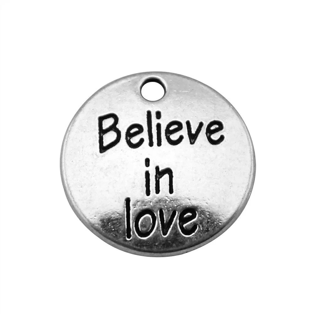 20x20mm 2g Zinc Alloy Believe in Love Word Tag Letter Charm Pendant for DIY Bracelet Necklace Making