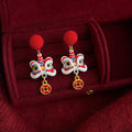 New Chinese Lion Dance Drop Earrings Flocked Enamel Drip Glaze Hand Painted New Year Jewelry