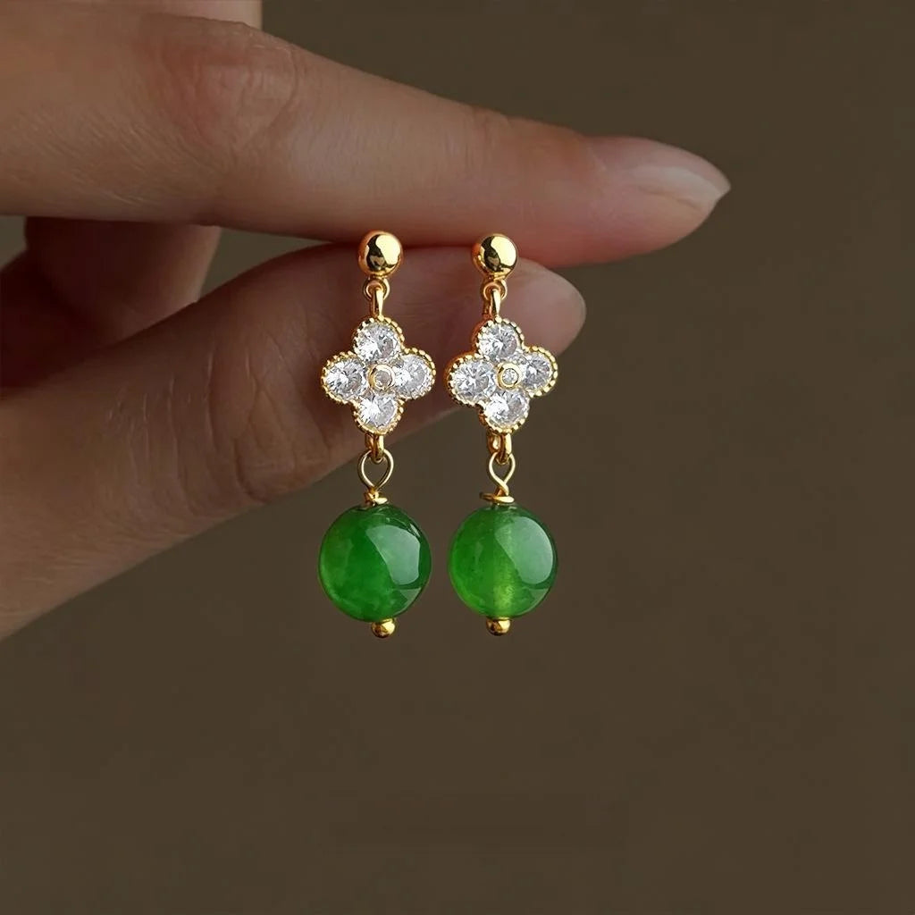 Handmade New Chinese Style Copper Green Agate Zircon Flower Tassel Drop Earrings