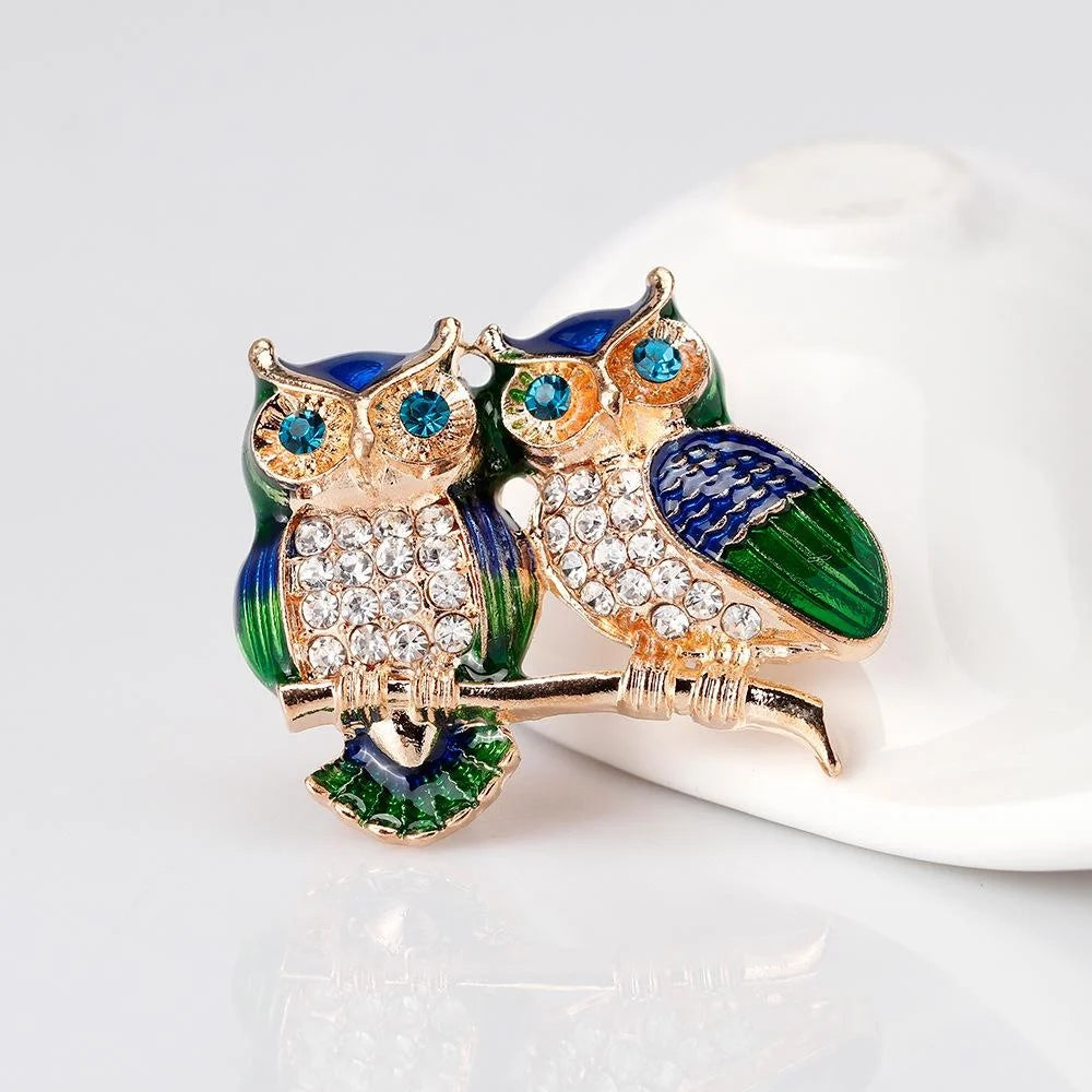 Elegant Enamel Rhinestone Alloy Double Owl Brooch, Luxury Animal Lapel Pin Corsage Suit Accessory Gift