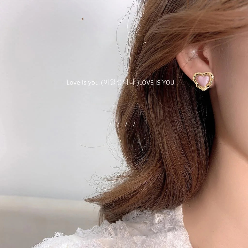 Sweet Pink Blue Hollow Heart Copper Stud Earrings For Women Mini Cute Daily Student Jewelry