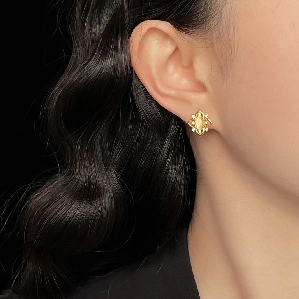 Light Luxury 14K Plated Copper Geometric Hollow Stud Earrings With Zircon Glass Cat Eye Stones