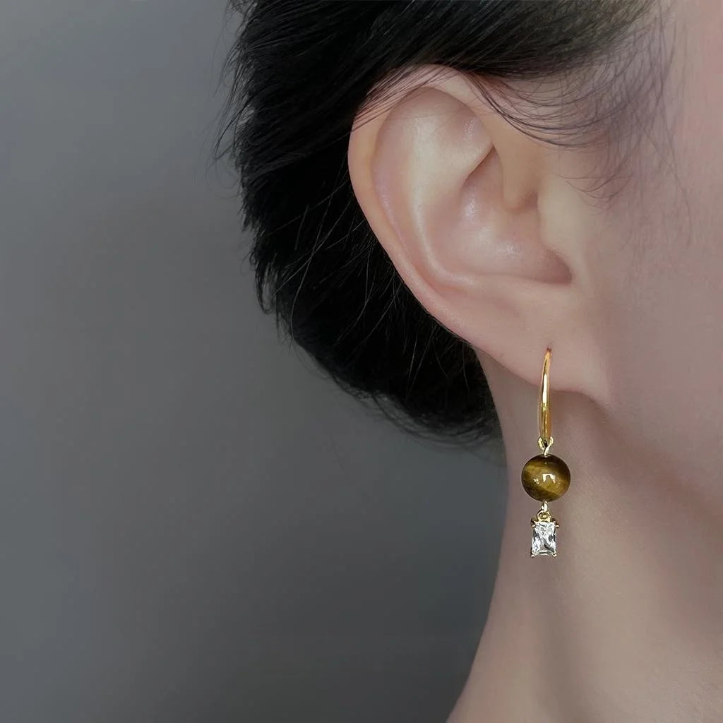 Natural Tiger Eye Stone Copper Geometric Drop Earrings For Women Vintage Ethnic Jewelry