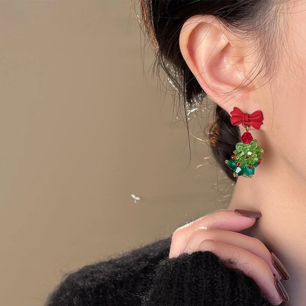 Christmas Tree Bow Drop Earrings Glass Crystal Floral Sweet Handmade Holiday Jewelry