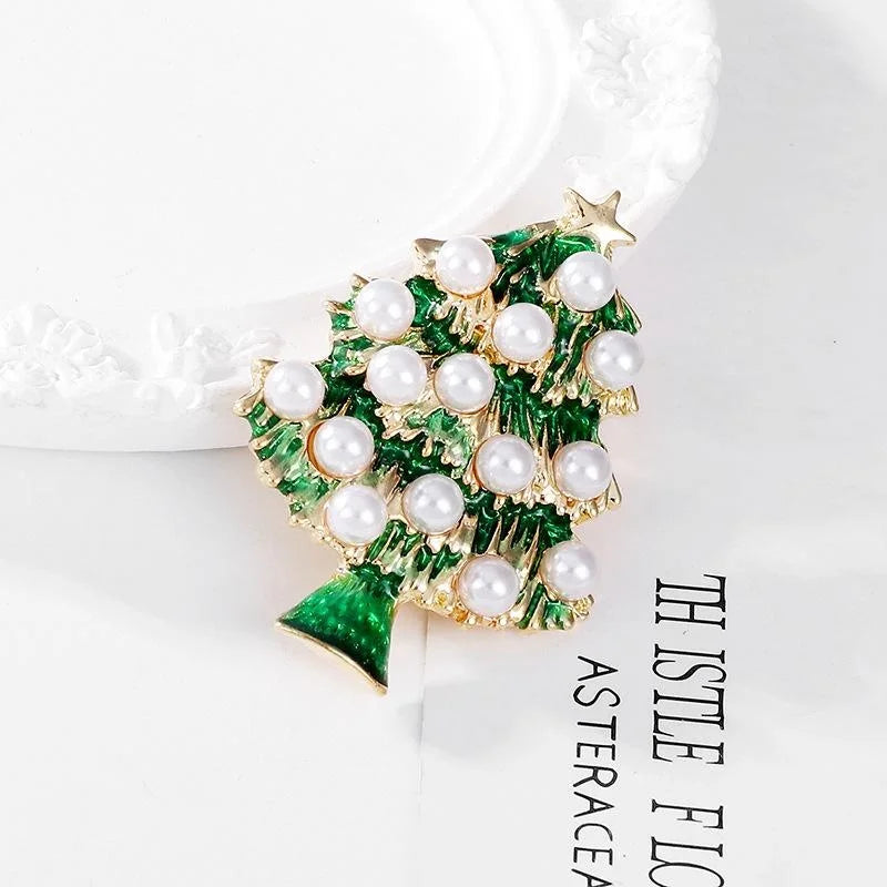 Elegant Green Enamel Christmas Tree Brooch With Faux Pearls, Gold Alloy Holiday Lapel Pin Gift