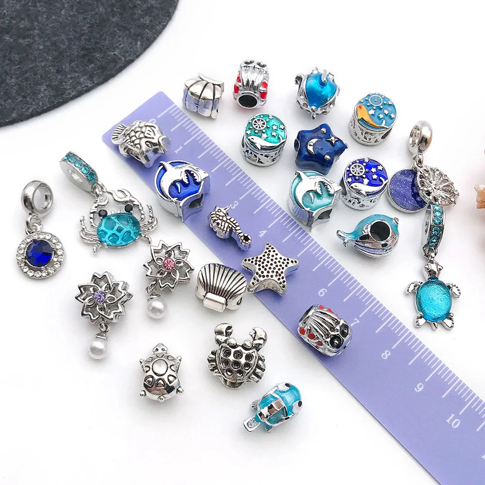 Blue Enamel Zinc Alloy Starfish Seahorse Crab Beads and Beads for DIY Bracelet
