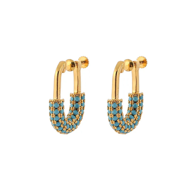 Elegant Turquoise Beaded U Shape Lock Gold Alloy Hoop Stud & Clip On No Piercing For Women Earrings