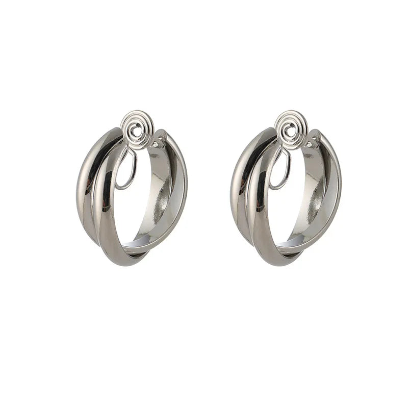 Elegant Alloy Double C Hoop Stud & Clip On No Piercing Silver Tone Hong Kong Style Women's Earrings