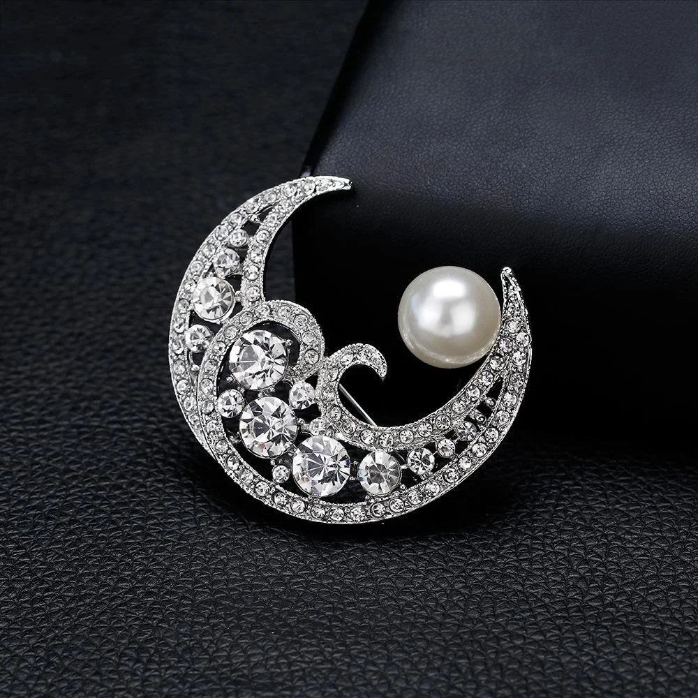 Elegant Crescent Moon Pearl Rhinestone Brooch For Women, Luxury Alloy Lapel Pin Corsage Suit Accessory Gift