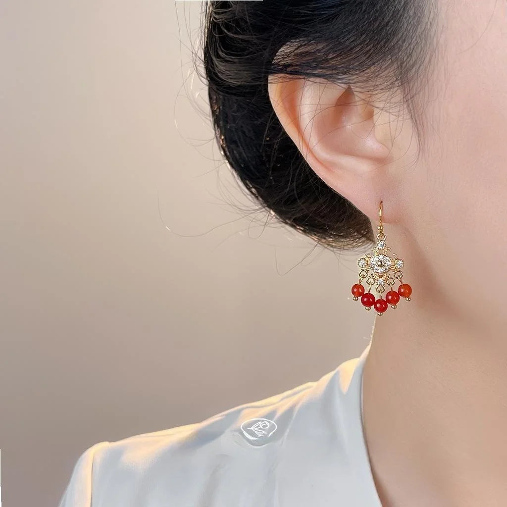 Vintage Ethnic New Chinese Red Agate Micro Pave Zircon Tassel Drop Earrings Geometric Ring Design